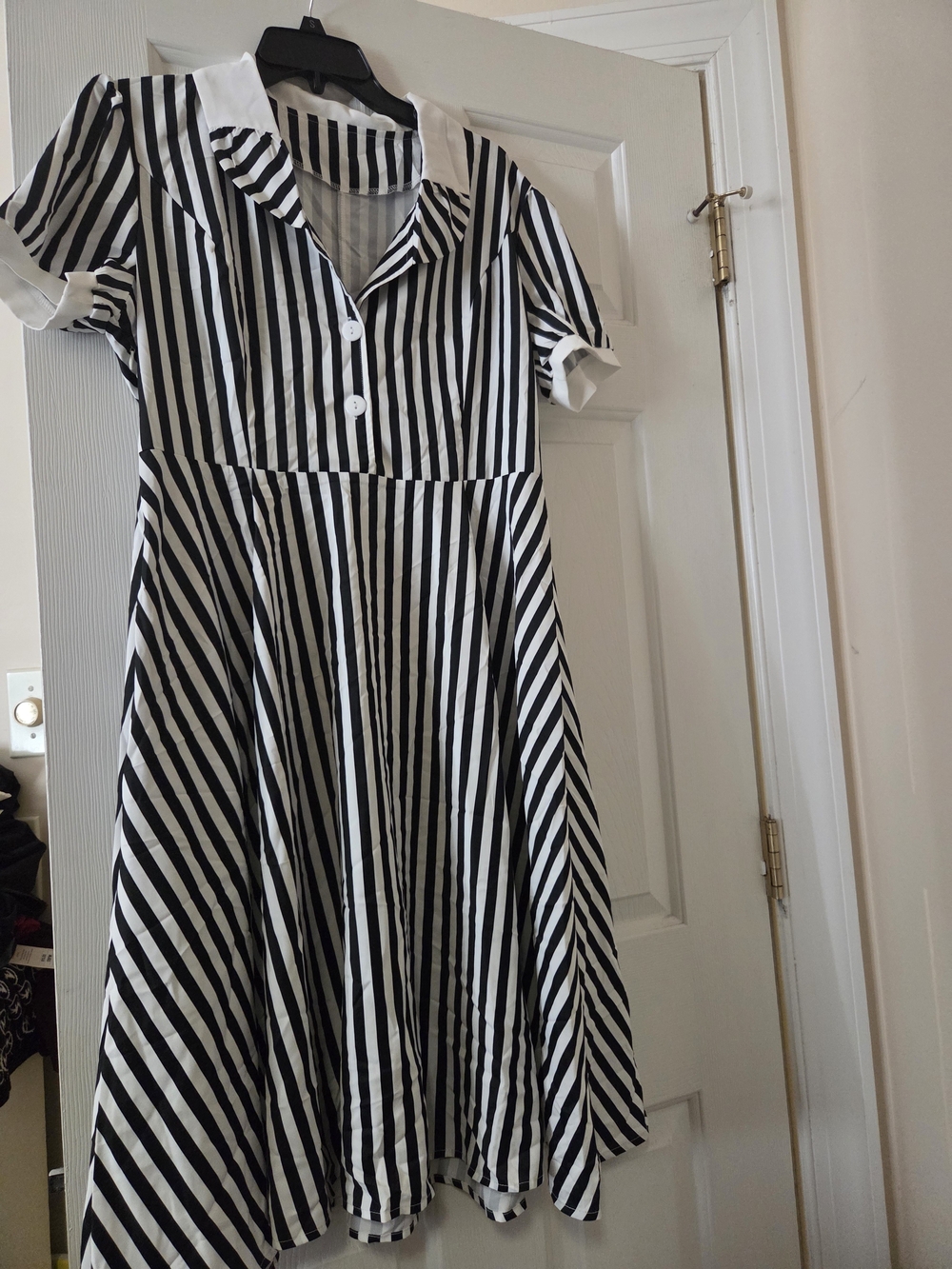 Black & White Striped Short-Sleeve Fit-and-Flare Dress